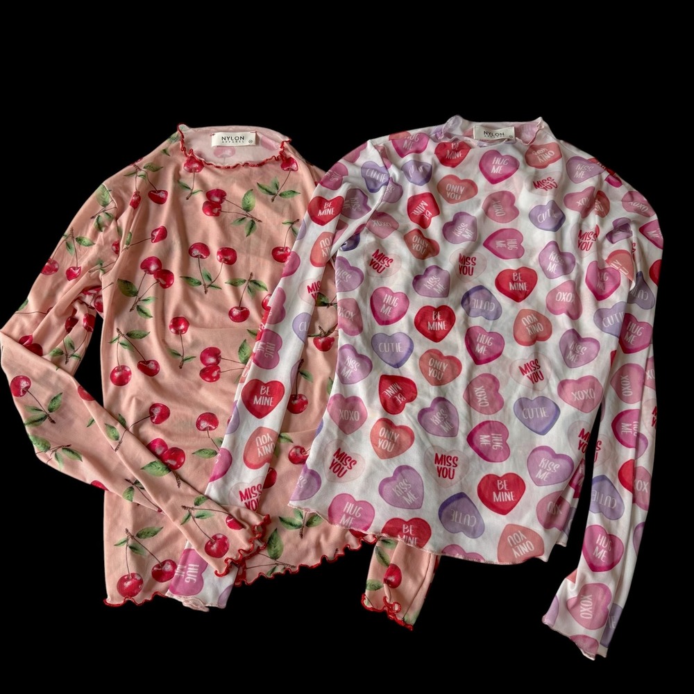Nylon Apparel Mesh Tops Bundle Cherry & Conversation Heart Print Mock Neck M‎
